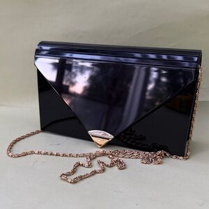 Vintage 80’s Black Hardshell Clutch with Leather Trim and Gold Chain